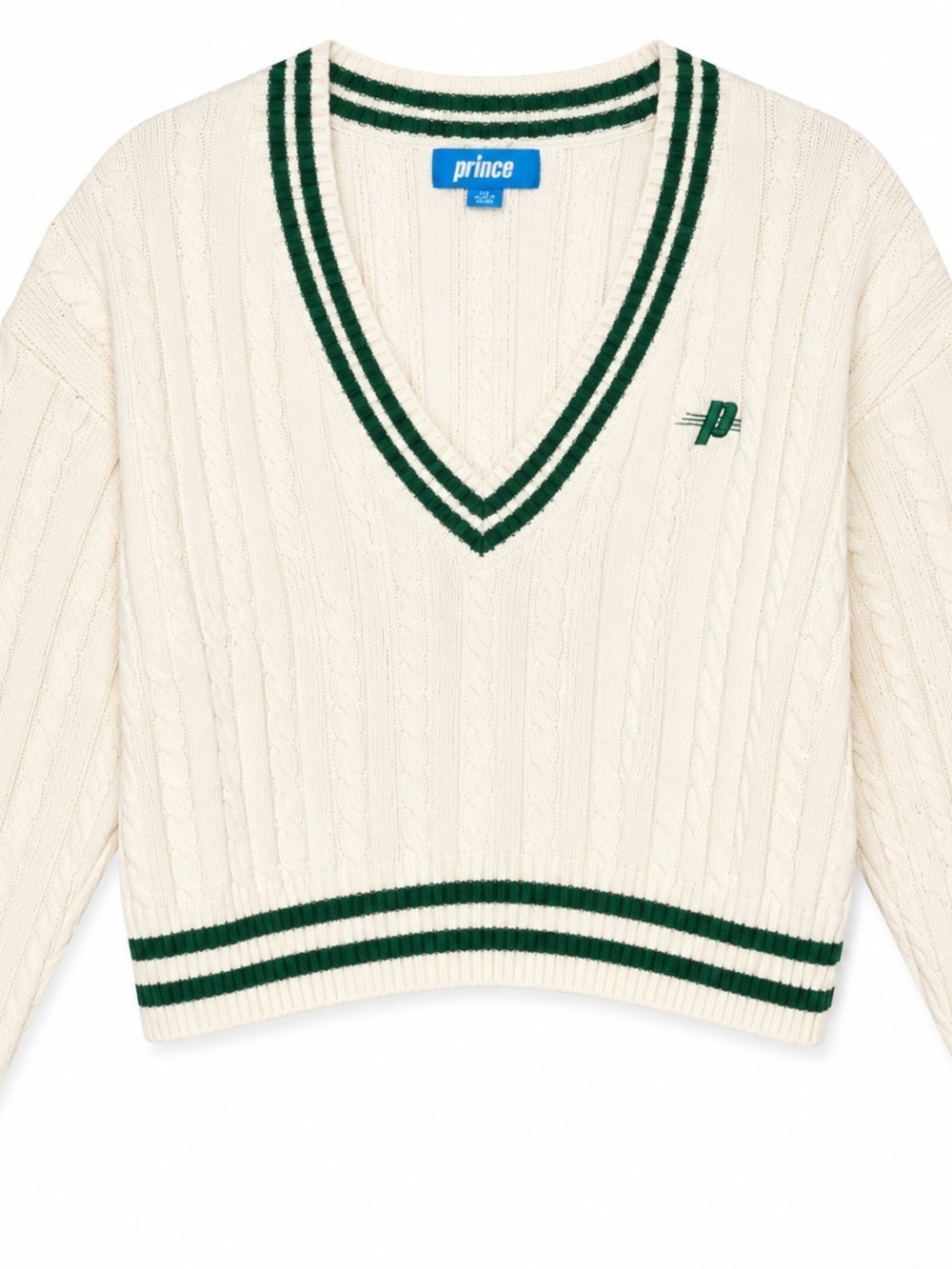 Prince Ivory Cable Knit Cricket Sweater Green Trim V-Neck Preppy TennisPicklebal - Picture 2 of 11